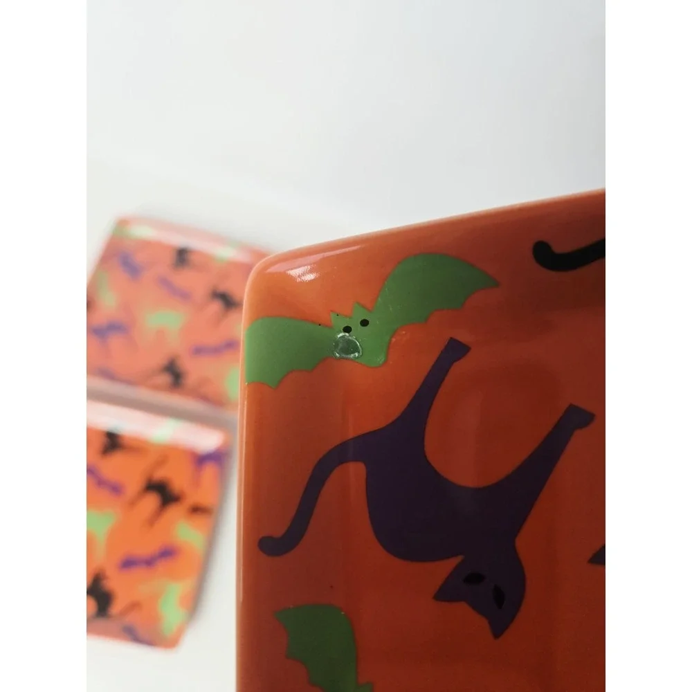 Crate & Barrel Halloween Black Cat plates Appetizer square set of 4 Dessert